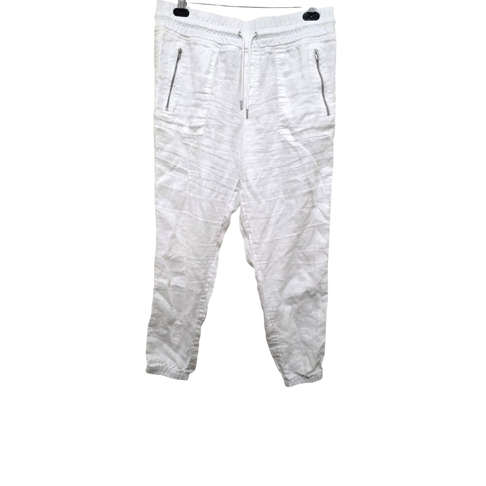 Athleta Women 12 White 100%Linen Jogger Pants Elastic Waistband & Ankle Cuffs